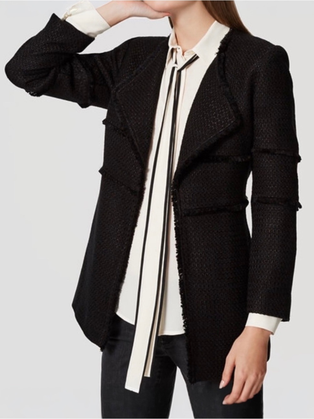LOFT Black Tweed Fringed Raw-Hem Open Front Jacket Coat Size XS